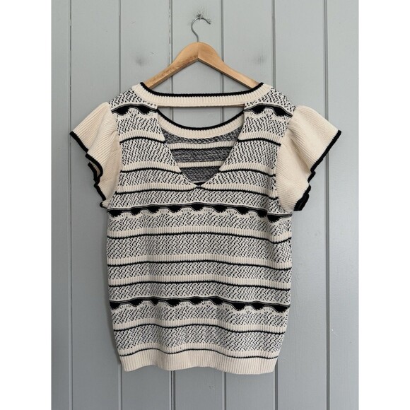 Baltic Born Herriman Knit Top 1X Black White Flutter Short Sleeves Fair Isle - Picture 5 of 7